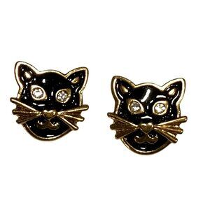 Avon Halloween Black Cat Enamel  Rhinestone Stud Earrings